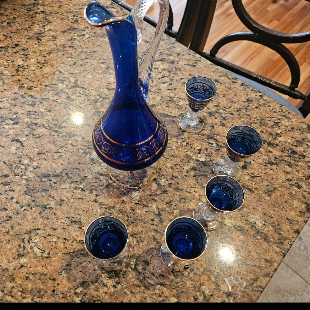 Cobalt and gold decanter set. Made in Italy
